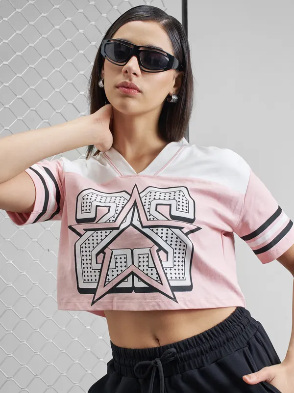 Street By Tokyo Talkies Women Pink Printed V-Neck T-Shirt