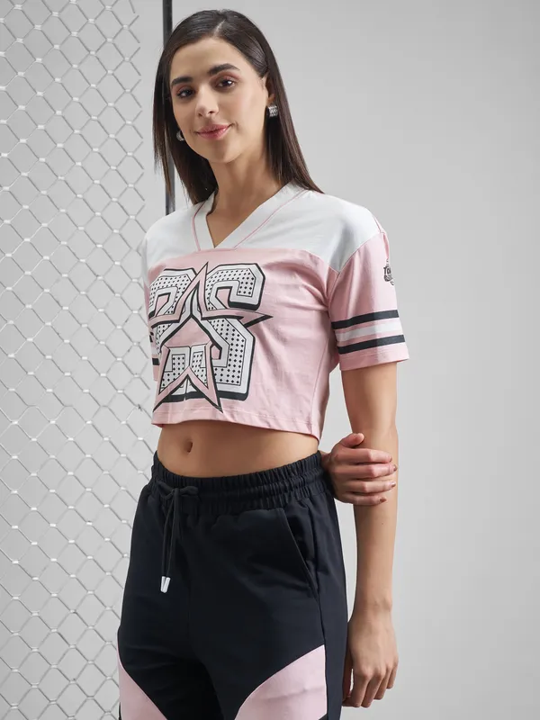 Street By Tokyo Talkies Women Pink Printed V-Neck T-Shirt