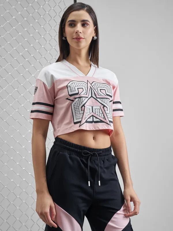 Street By Tokyo Talkies Women Pink Printed V-Neck T-Shirt