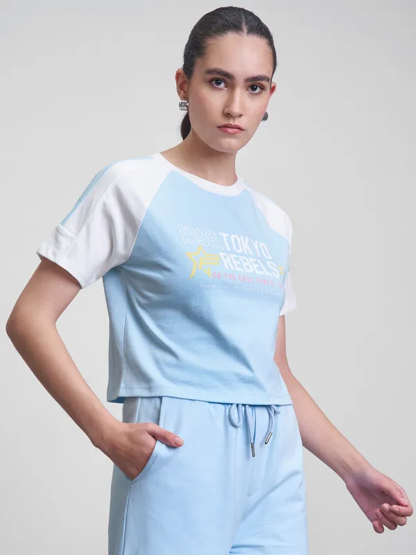 Street By Tokyo Talkies Women Blue Printed Round Neck T-Shirt