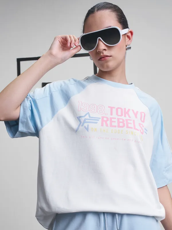 Street By Tokyo Talkies Women White Printed Round Neck Oversized Fit T-Shirt