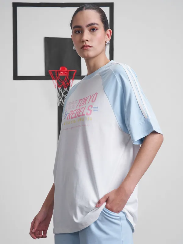 Street By Tokyo Talkies Women White Printed Round Neck Oversized Fit T-Shirt