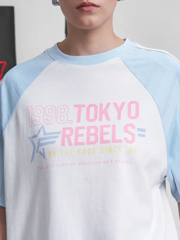 Street By Tokyo Talkies Women White Printed Round Neck Oversized Fit T-Shirt