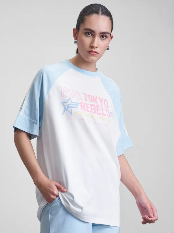 Street By Tokyo Talkies Women White Printed Round Neck Oversized Fit T-Shirt