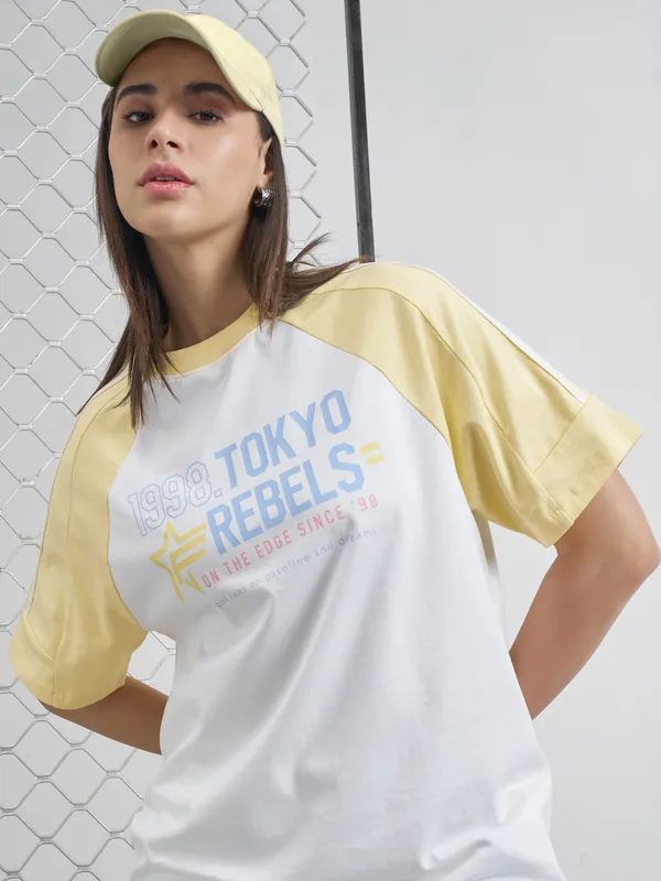 Street By Tokyo Talkies Women White Printed Round Neck Oversized Fit T-Shirt