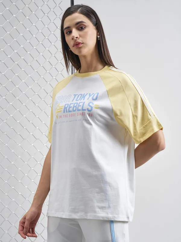 Street By Tokyo Talkies Women White Printed Round Neck Oversized Fit T-Shirt