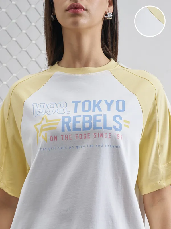 Street By Tokyo Talkies Women White Printed Round Neck Oversized Fit T-Shirt