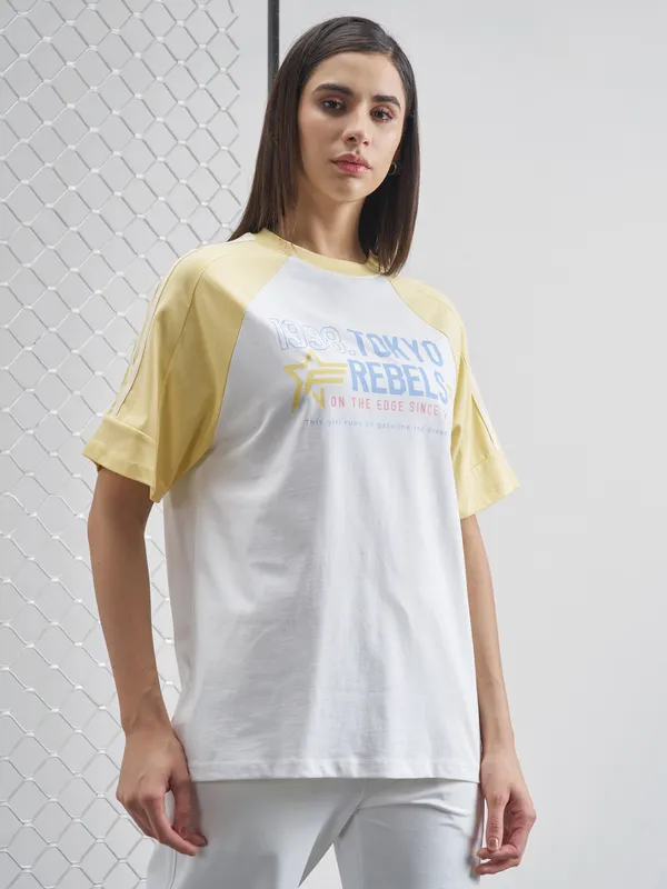 Street By Tokyo Talkies Women White Printed Round Neck Oversized Fit T-Shirt