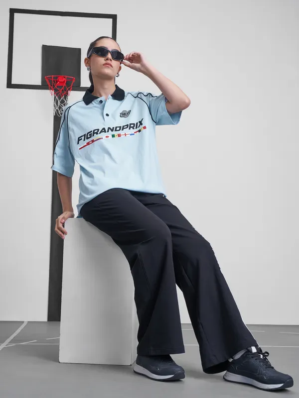 Street By Tokyo Talkies Women Blue Printed Round Neck Oversized Fit T-Shirt