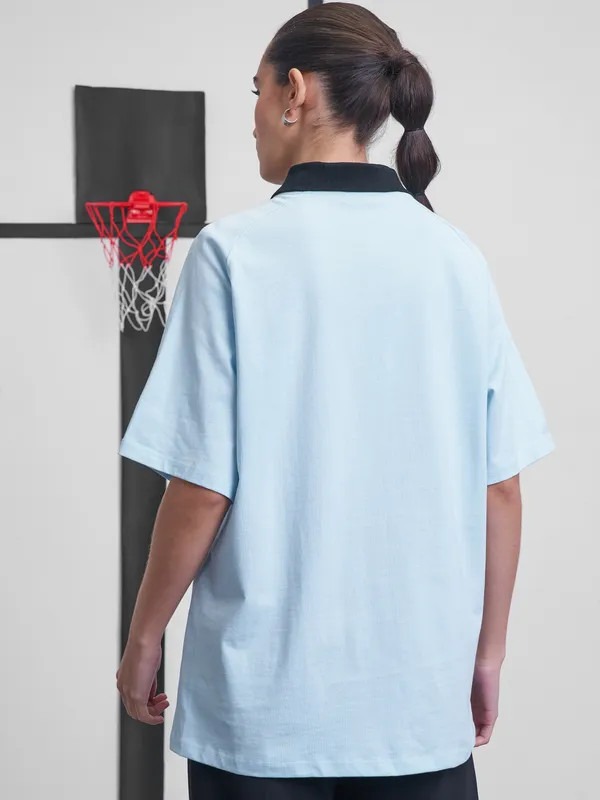 Street By Tokyo Talkies Women Blue Printed Round Neck Oversized Fit T-Shirt