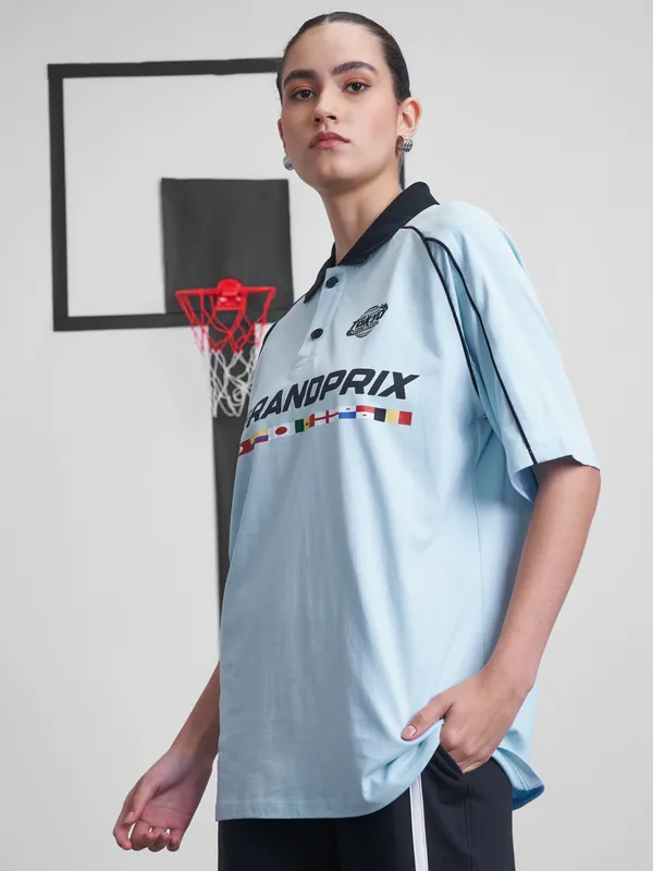 Street By Tokyo Talkies Women Blue Printed Round Neck Oversized Fit T-Shirt