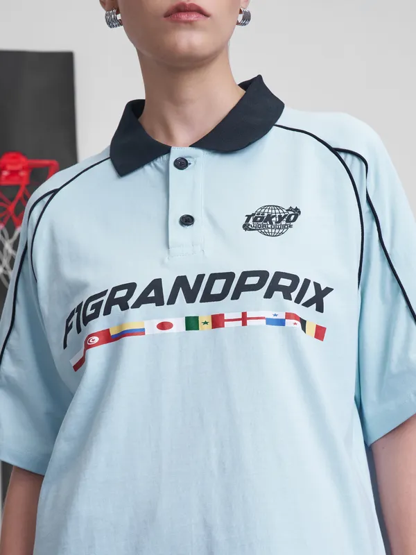 Street By Tokyo Talkies Women Blue Printed Round Neck Oversized Fit T-Shirt