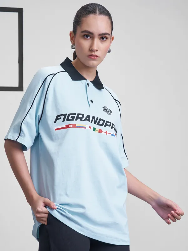 Street By Tokyo Talkies Women Blue Printed Round Neck Oversized Fit T-Shirt