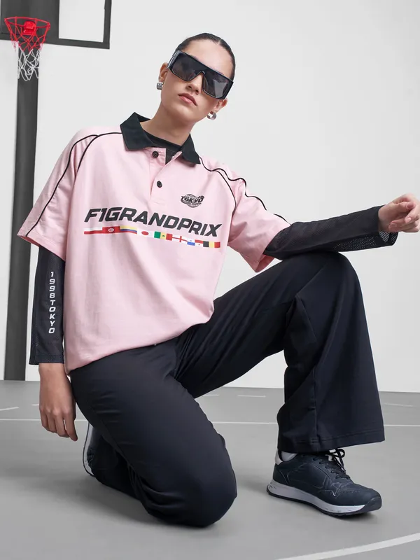 Street By Tokyo Talkies Women Pink Printed Round Neck Oversized Fit T-Shirt