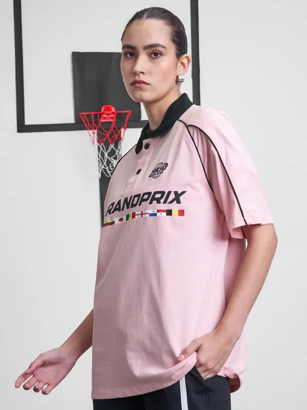 Street By Tokyo Talkies Women Pink Printed Round Neck Oversized Fit T-Shirt