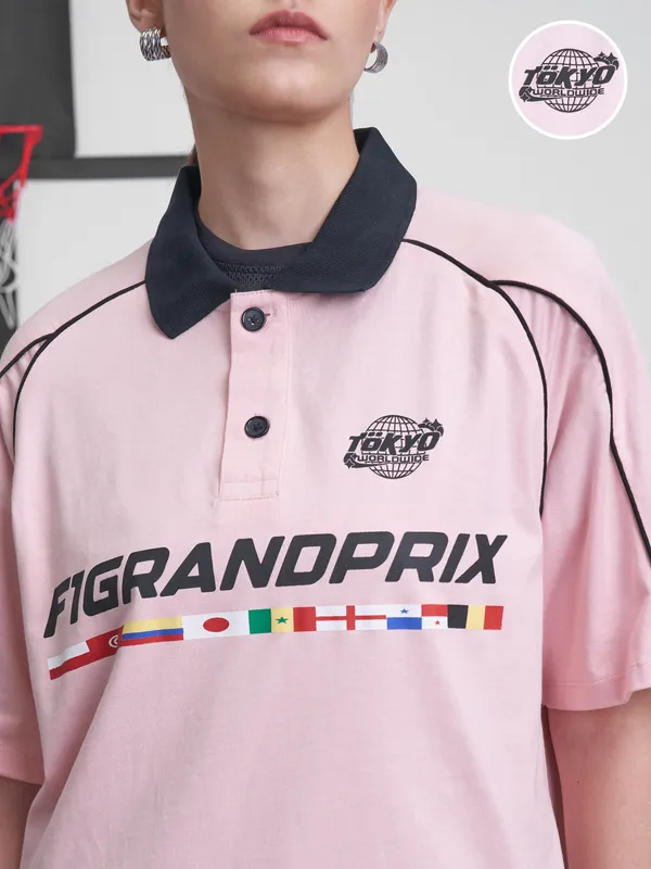 Street By Tokyo Talkies Women Pink Printed Round Neck Oversized Fit T-Shirt