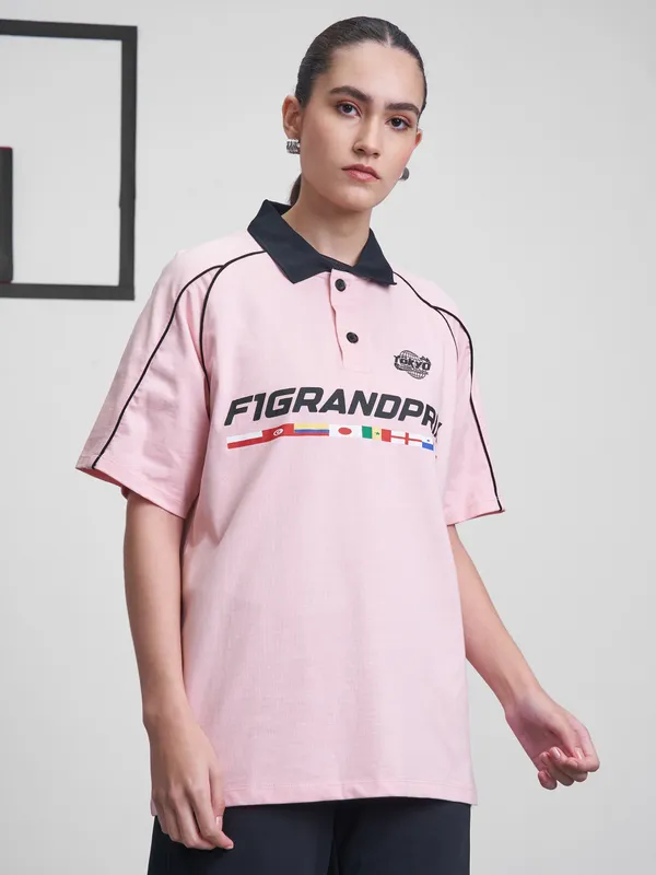 Street By Tokyo Talkies Women Pink Printed Round Neck Oversized Fit T-Shirt