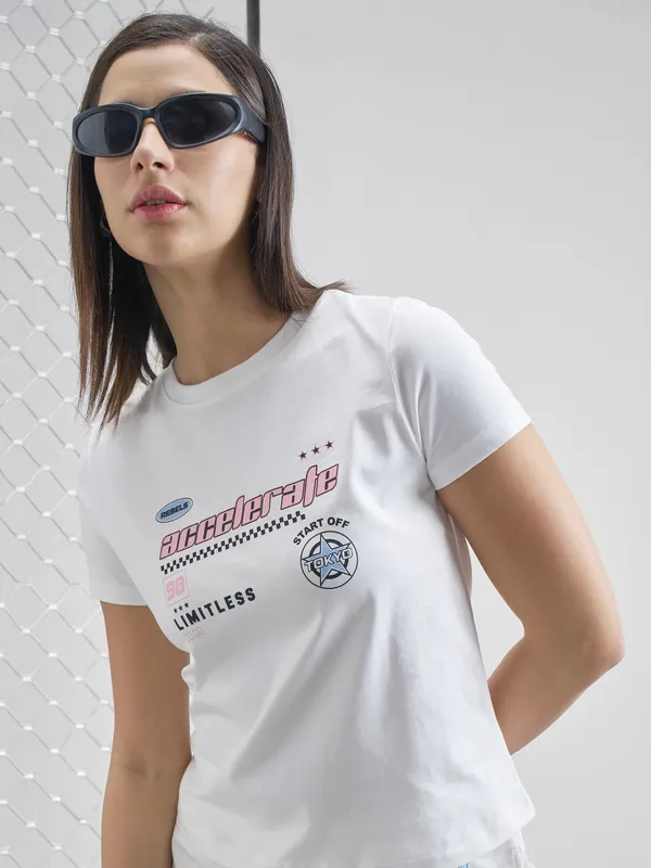 Street By Tokyo Talkies Women White Printed Round Neck T-Shirt