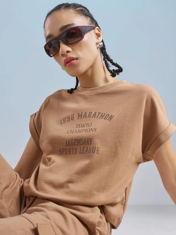 Street By Tokyo Talkies Women Brown Printed Round Neck T-Shirt