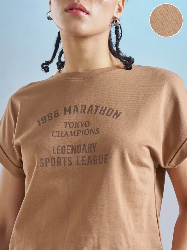 Street By Tokyo Talkies Women Brown Printed Round Neck T-Shirt