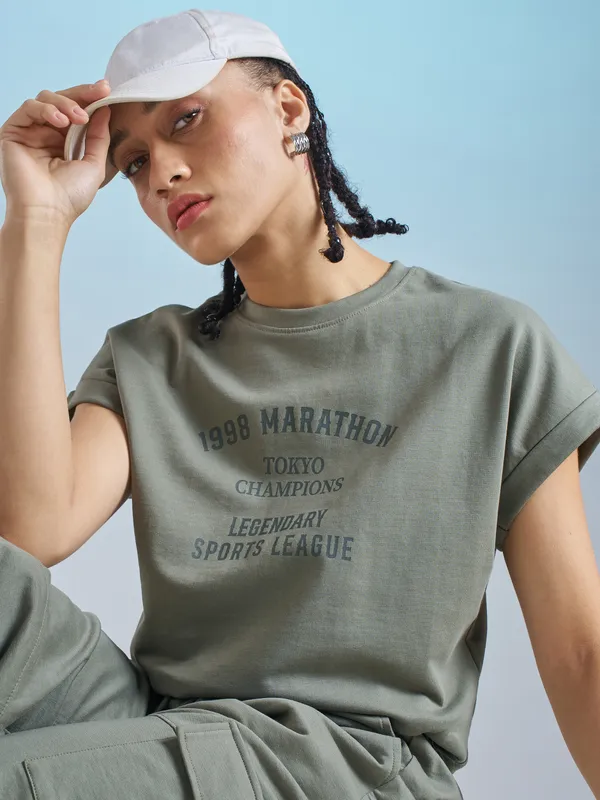 Street By Tokyo Talkies Women Olive Printed Round Neck T-Shirt