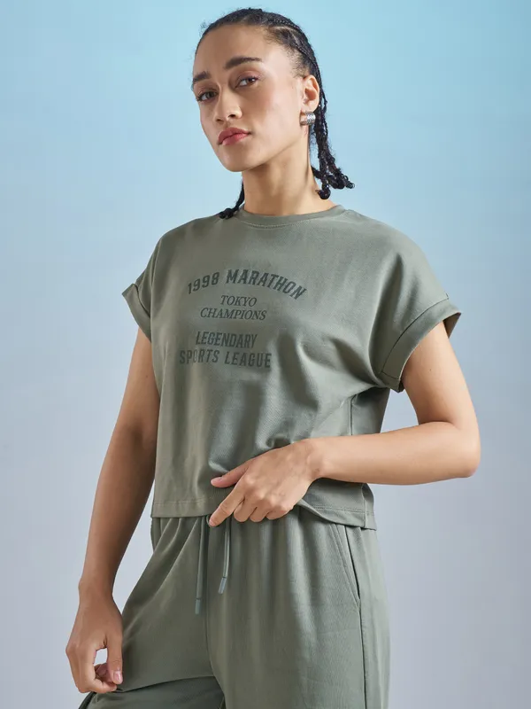 Street By Tokyo Talkies Women Olive Printed Round Neck T-Shirt