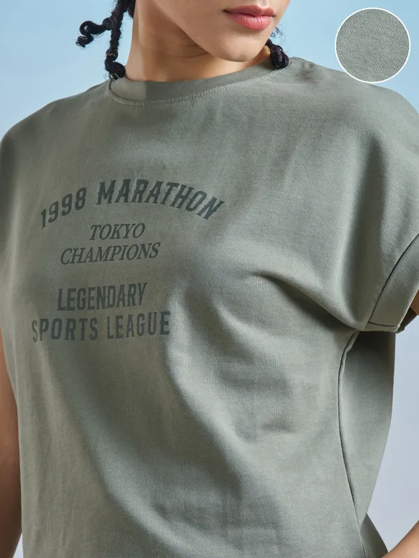 Street By Tokyo Talkies Women Olive Printed Round Neck T-Shirt