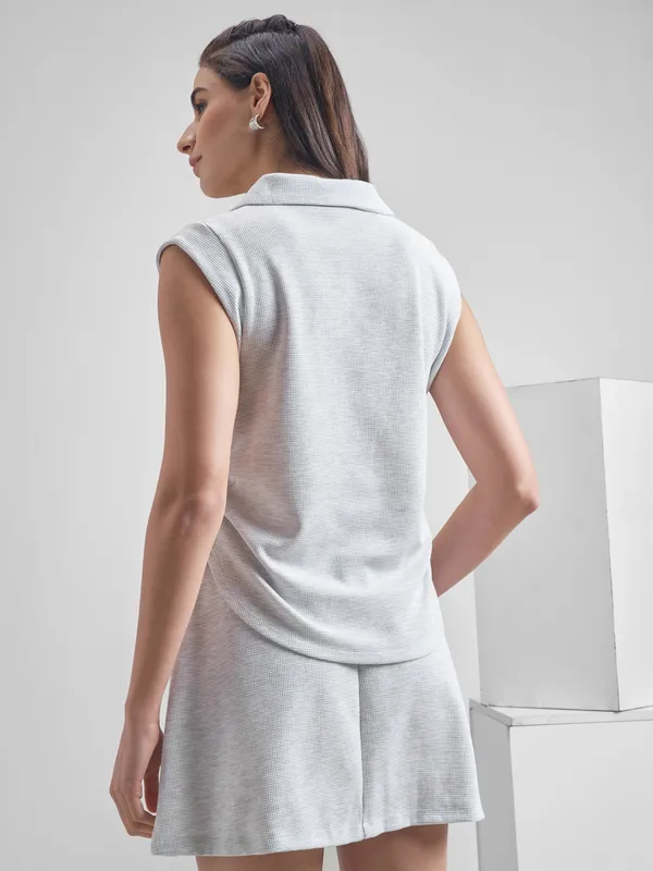 Street By Tokyo Talkies Women Grey Solid Polo Collar Oversized Fit T-Shirt