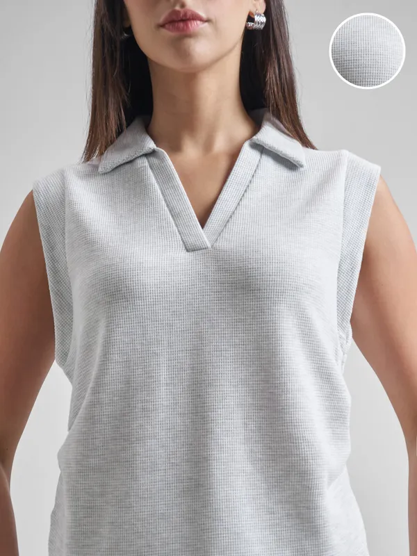 Street By Tokyo Talkies Women Grey Solid Polo Collar Oversized Fit T-Shirt