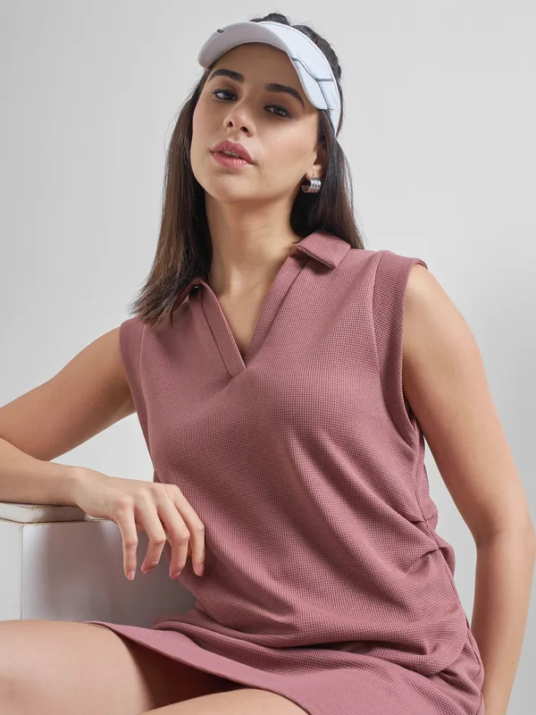 Street By Tokyo Talkies Women Purple Solid Polo Collar Oversized Fit T-Shirt