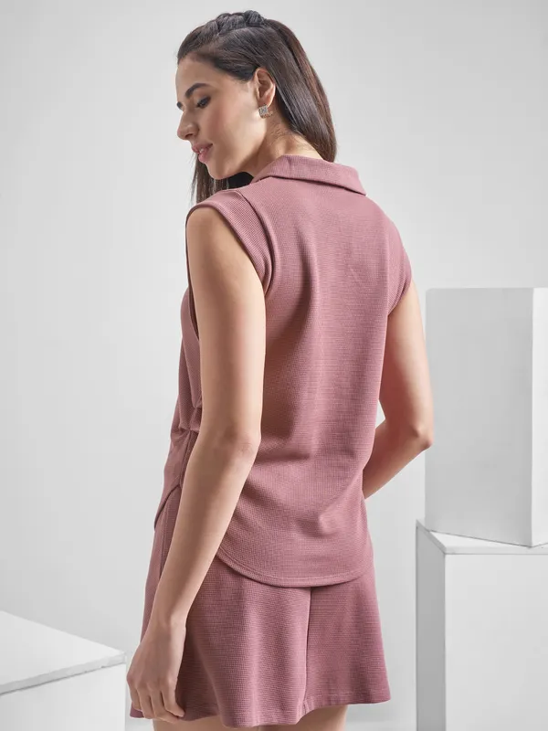 Street By Tokyo Talkies Women Purple Solid Polo Collar Oversized Fit T-Shirt