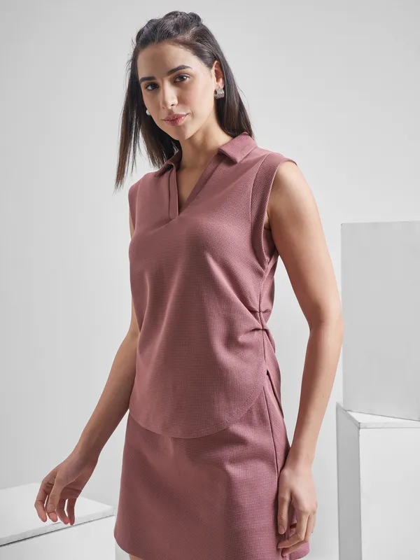 Street By Tokyo Talkies Women Purple Solid Polo Collar Oversized Fit T-Shirt