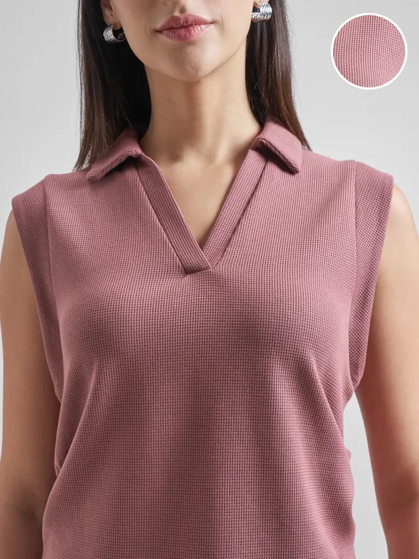 Street By Tokyo Talkies Women Purple Solid Polo Collar Oversized Fit T-Shirt