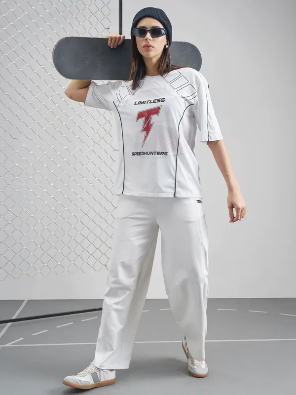 Street By Tokyo Talkies Women White Printed Round Neck Oversized Fit T-Shirt