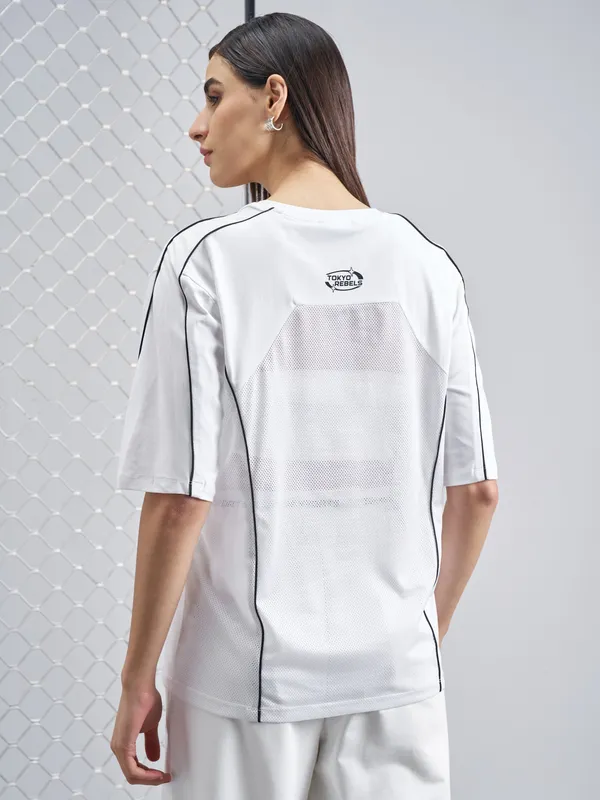 Street By Tokyo Talkies Women White Printed Round Neck Oversized Fit T-Shirt