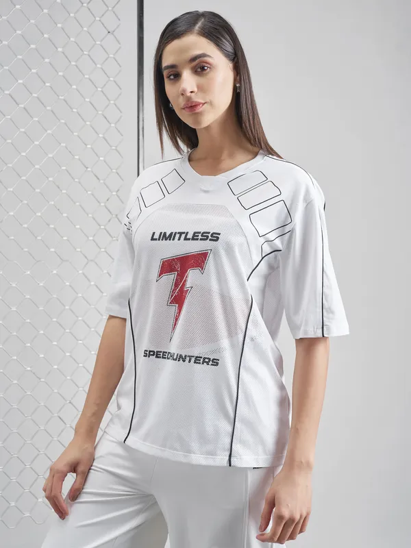 Street By Tokyo Talkies Women White Printed Round Neck Oversized Fit T-Shirt