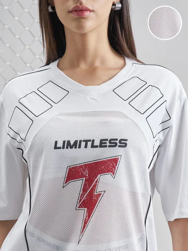 Street By Tokyo Talkies Women White Printed Round Neck Oversized Fit T-Shirt