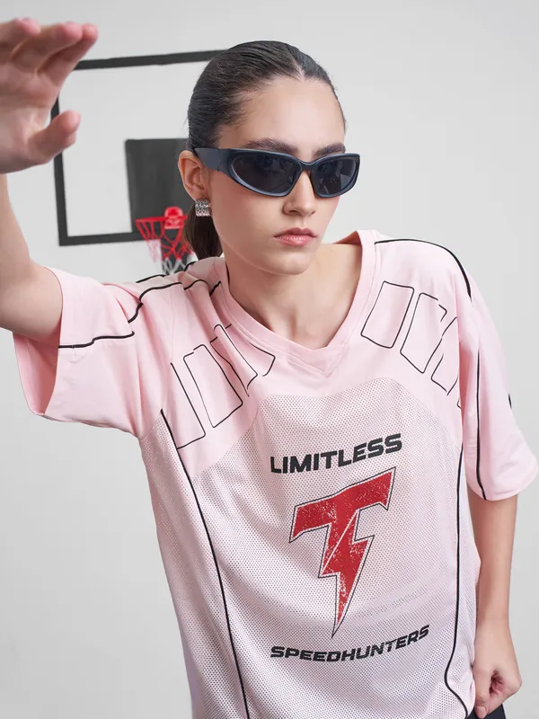 Street By Tokyo Talkies Women Pink Printed Round Neck Oversized Fit T-Shirt