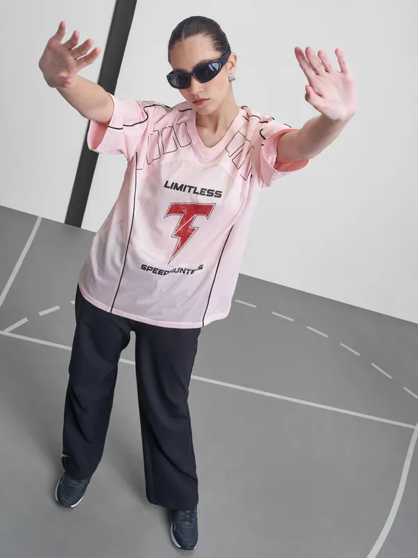 Street By Tokyo Talkies Women Pink Printed Round Neck Oversized Fit T-Shirt