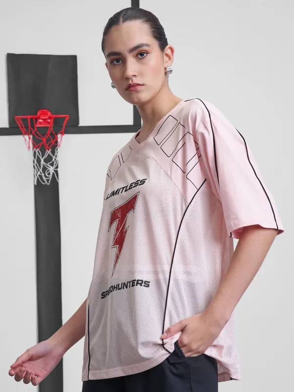 Street By Tokyo Talkies Women Pink Printed Round Neck Oversized Fit T-Shirt