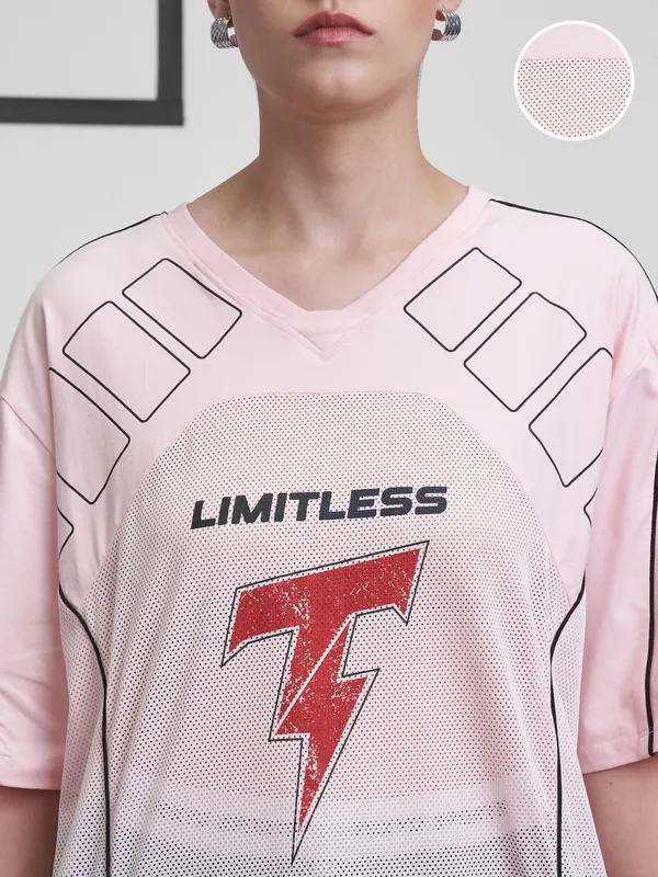 Street By Tokyo Talkies Women Pink Printed Round Neck Oversized Fit T-Shirt