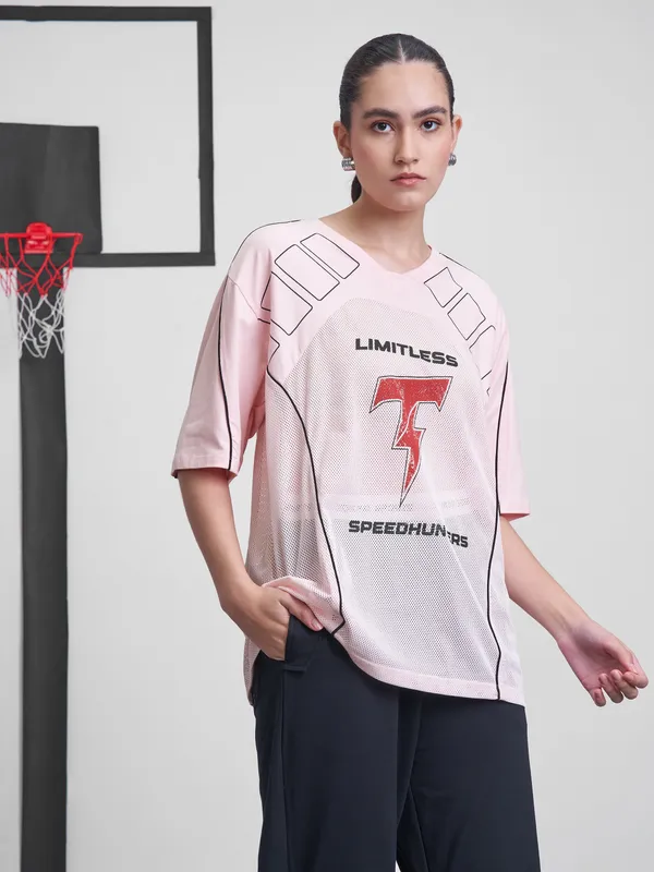 Street By Tokyo Talkies Women Pink Printed Round Neck Oversized Fit T-Shirt
