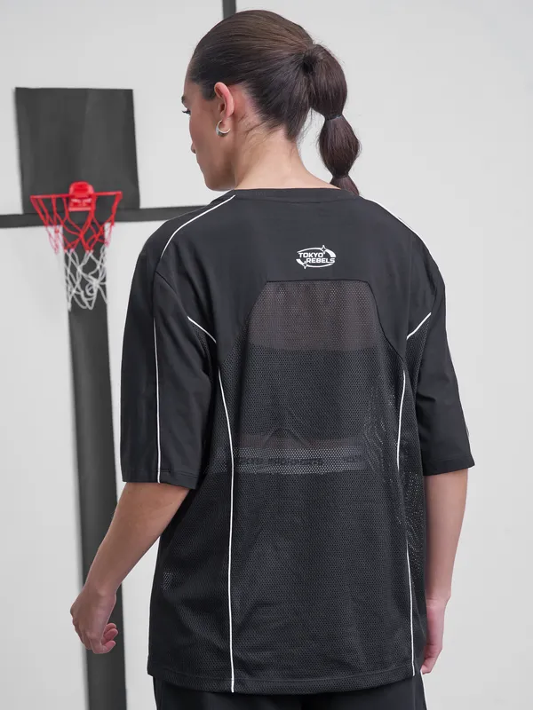 Street By Tokyo Talkies Women Black Printed Round Neck Oversized Fit T-Shirt