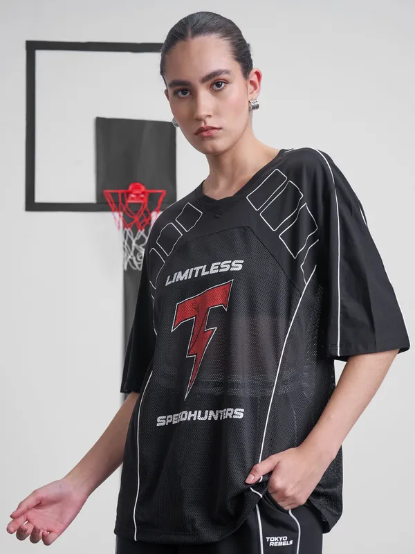 Street By Tokyo Talkies Women Black Printed Round Neck Oversized Fit T-Shirt