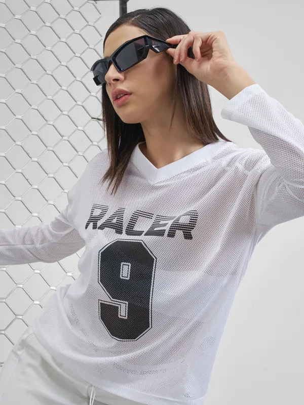 Street By Tokyo Talkies Women White Printed V-Neck T-Shirt