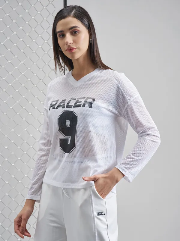 Street By Tokyo Talkies Women White Printed V-Neck T-Shirt