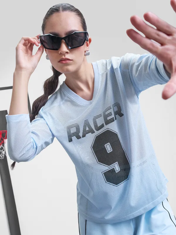 Street By Tokyo Talkies Women Blue Printed V-Neck T-Shirt