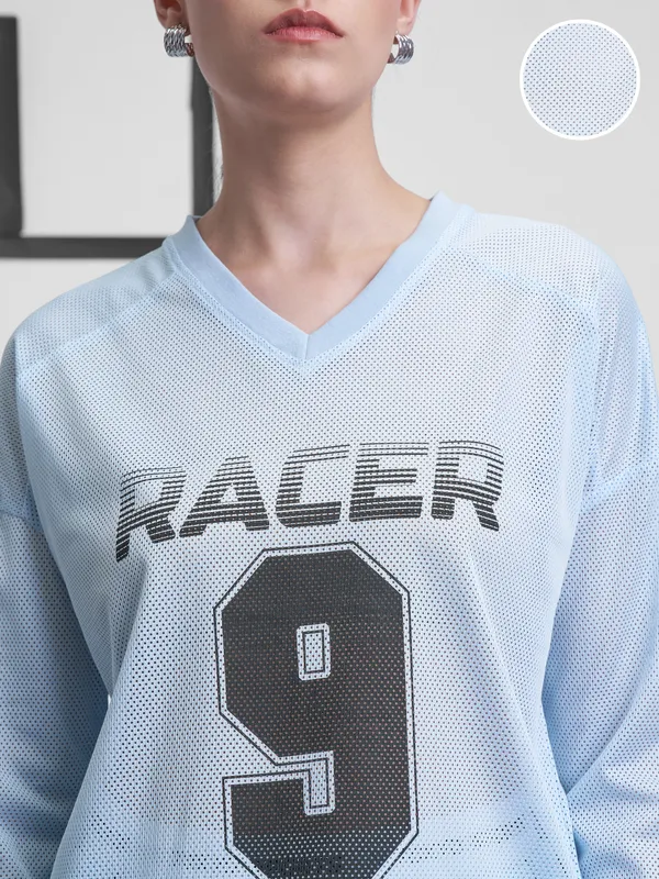 Street By Tokyo Talkies Women Blue Printed V-Neck T-Shirt