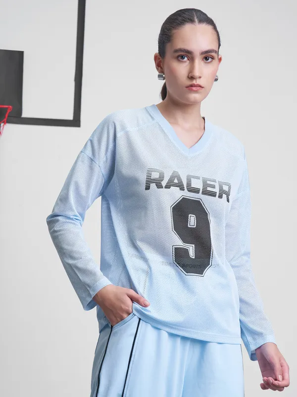 Street By Tokyo Talkies Women Blue Printed V-Neck T-Shirt