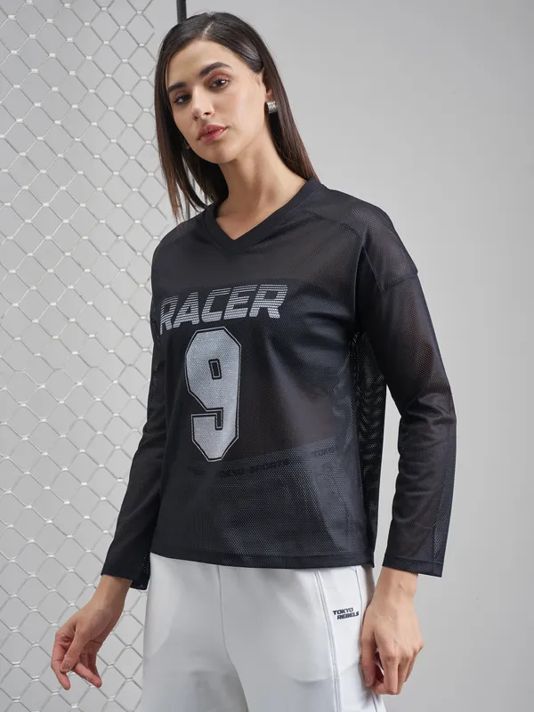 Street By Tokyo Talkies Women Black Printed V-Neck T-Shirt